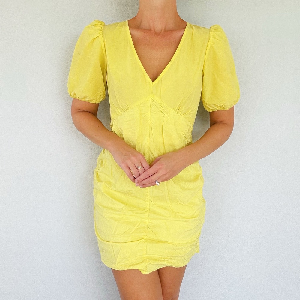 ZARA bright yellow puff sleeve ruffle cotton v-neck mini dress size small - Picture 2 of 14